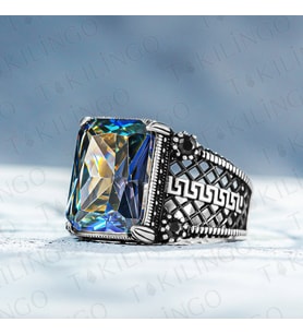 925 Ayar Gümüş Mavi Topaz Taşlı El İşlemeli Erkek Yüzük