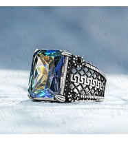 925 Ayar Gümüş Mavi Topaz Taşlı El İşlemeli Erkek Yüzük