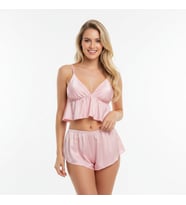 Kadın Çapraz Askı Detaylı Saten Şortlu 2 li Set BB2051 (Somon)