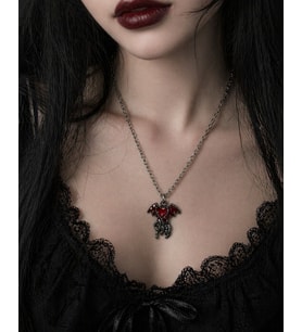 Gotik Kalp Kanat El Figürlü Kırmızı Detaylı Kolye Unisex Zincir