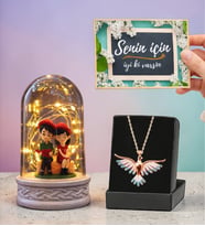 Led Işıklı Oturan Çiftli Fanus ve Renkli Zümrüdü Anka Kuşu (Model 1)