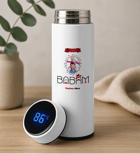 BK Gift Fotoğraflı Baba Tasarımlı Filtreli Dijital Göstergeli Beyaz Çelik Termos-2, Babaya Hediye, Babalar Günü Hediyesi