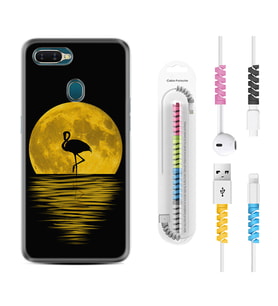 Oppo A5S A15 A16 A54 A55 A73 A74 Kılıf Kablo Koruma Spiral Silikon Ay ve Flamingo 1775