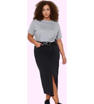 Moda Büyük Beden Regular Düz Desen Günlük Midi Boy Ön Yırtmaçlı Denim Etek