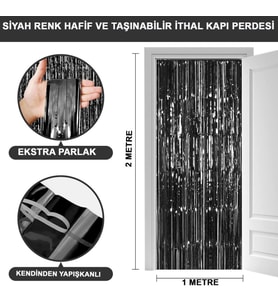 Siyah Renk Ekstra Metalize Parlak Saçaklı Arka Fon Perde İthal A Kalite 1x2 Metre (5343)