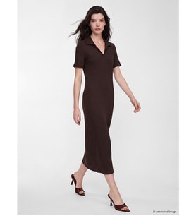 LCW Comfort Kahverengi Polo Yaka Yırtmaçlı Fitilli Elbise
