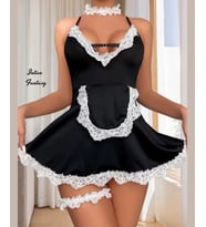 Intive Fantasy French Maid Arkası Çapraz Dekolteli Mini Fransız Hizmetçi Kostüm (Siyah)