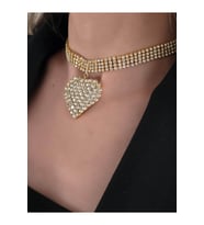 Sallantılı Kalp Model Rhinestone Choker Tasma Model Gold Renk Kolye (Altın)