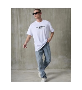 Unisex Bisiklet Yaka Baskılı Oversize T-Shirt - Beyaz