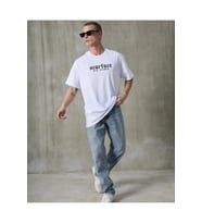 Unisex Bisiklet Yaka Baskılı Oversize T-Shirt - Beyaz