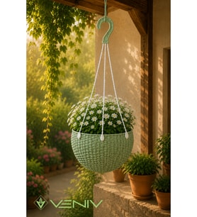 Rattan Desenli Askılı Saksı 2 Litre – Alt Tablalı Dekoratif Saksı