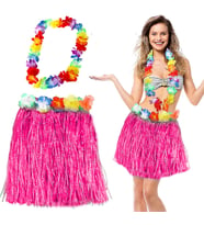 Pembe Püsküllü Hawaii Etek ve Kolye Seti 40 cm