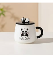 Sevimli Panda Kapaklı Seramik Kupa 500 ml – Panda Figürlü Kapaklı Kupa Bardak (SarıBeyaz)