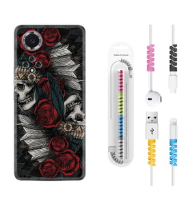Huawei Nova Y70 Y90 Nova 9 SE  Kılıf Kablo Koruma Spiral Silikon Skull Rose 1673
