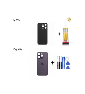 iPhone 14 Pro Mor Arka Kapak Arka Cam Batarya Kapağı Lazer Kesim Kapak Pil Kapağı + B-7000 Yapıştırıcı + Tamir Seti