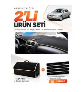 e-biz MAZDA 626 AİRBAGSİZ (1998-2000) Uyumlu Torpido Örtüsü + Tay Tüyü Çanta - Siyah-Bej - MA010