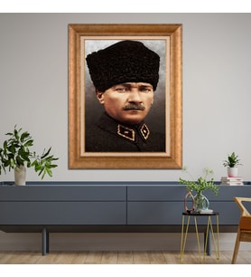 Altın Paspartulu Atatürk  Çerçeveli Tablo C319 (Gold)