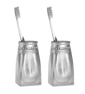 2 ADET DİŞ FIRÇALIK KRİSTAL TAŞLI GÜMÜŞ POLİRESİN 7X7X10CM BANYO SETİ