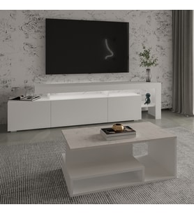 İnarch Dizayn Beliz LED Işıklı TV Sehpası ve Vera Orta Sehpa SET - Oturma Odası Modern Takım (Mermer)
