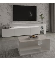 İnarch Dizayn Beliz LED Işıklı TV Sehpası ve Vera Orta Sehpa SET - Oturma Odası Modern Takım (Mermer)