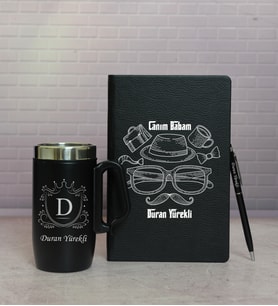 Canım Babam Tasarımlı Siyah Defter Kalem Termos Mug Seti HC3733