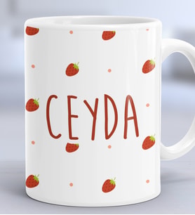 Kişiye Özel İsme Özel Hediye Kupa Bardak Çilek Desenli Meyveli (Beyaz)