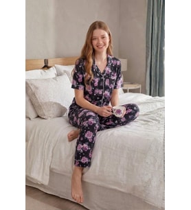Mecit 6353 Lacivert Çiçekli Boydan Düğmeli Kadın Pijama Takımı