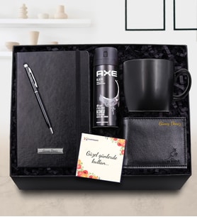 Kişiye Özel Siyah Defter & Siyah Touch Pen & Siyah Erkek Cüzdan & Siyah Kupa & Erkek Deodorant Hediye Seti