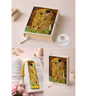 Kitap Kılıfı ve Metal Kitap Ayracı Seti (Gustav Klimt-Öpücük)