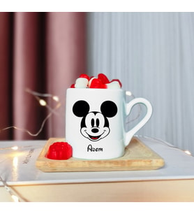 Mickey Mouse Tasarımlı Ahşap Tabaklı Kişiye Özel Türk Kahvesi Fincanı