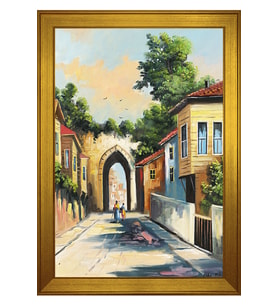 Eski İstanbul Sokakları Motifli Kanvas Tablo 50 x 70 cm Gold Çerçeve