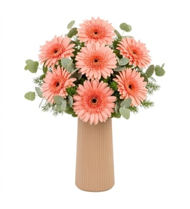 Bej Çizgili Polimer Vazoda Pembe Gerbera Aranjıman