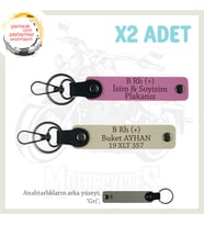 Motorcu Dostlara Özel, İsim Plaka ve B Rh (+) Kan Grubu Yazılı Deri x2 Anahtarlık, Pembe-S Kahve-Gr
