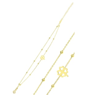 Gümüş altın yaldızlı top top çift zincirli yonca bileklik SGTL11867GOLD