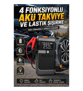 4 Fonksiyonlu Akü Takviye Cihazı ve Dijital Lastik Şişirme Kompresörü Powerbank LED Işıklı