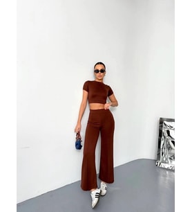 Osy Modal Yumuşak Dokulu Kumaş Kısa Kollu Crop Alt Ispanyol Paça Pantalon Ikili Takım - Kahverengi