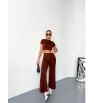 Osy Modal Yumuşak Dokulu Kumaş Kısa Kollu Crop Alt Ispanyol Paça Pantalon Ikili Takım - Kahverengi