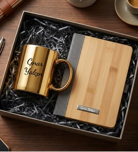 Kişiye Özel İsim Baskılı Gold Renk Parlak Kupa & Kişiye Özel Bambu Desenli Defter Hediye Seti