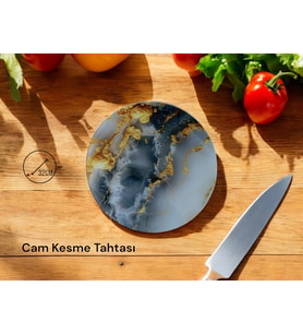 Cam Kesme Tahtası* Mutfak Tahtası 32cm Mermer Gri Altın Görünümlü
