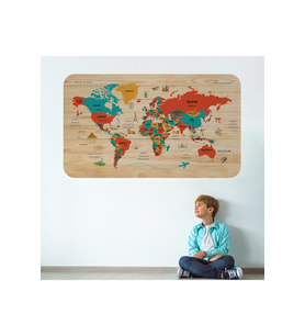 Ahşap Görünümlü Türkçe Eğitici Detaylı Atlası Dekoratif Dünya Haritası Duvar Sticker-3867-60x105