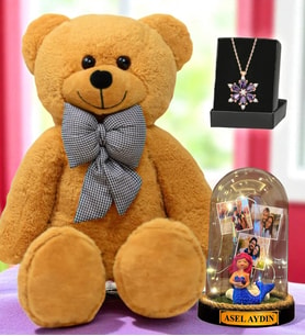 Büyük Boy Kahverengi Peluş Ayıcık, Size Özel Led Işıklı Fanus ve Gerçek Ametist Taşlı Lotus Kolye (Model 7)
