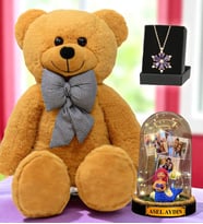 Büyük Boy Kahverengi Peluş Ayıcık, Size Özel Led Işıklı Fanus ve Gerçek Ametist Taşlı Lotus Kolye (Model 7)