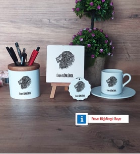 Aslan Hediye Seti Dekoratif Taş, Kalemlik, Ahşap Altlıklı Türk Kahvesi Fincanı, Ahşap Anahtarlık Hediye (Model 2)