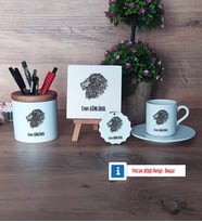 Aslan Hediye Seti Dekoratif Taş, Kalemlik, Ahşap Altlıklı Türk Kahvesi Fincanı, Ahşap Anahtarlık Hediye (Model 2)