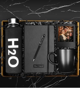 Özel Kılıflı Cam Şişe Matara & Kişiye Özel Defter & Metal Touch Pen Kalem & Fotoğraf Çerçevesi & Siyah Kupa Hediye Seti
