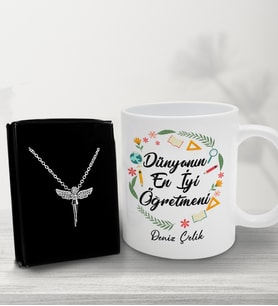 Öğretmenler Günü Kişiye Dünyanın En İyi Öğretmeni Tasarımlı Kupa &Melek Kolye Hediye Kutusu
