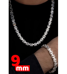 Erkek Gümüş Kolye Bileklik Set - 9mm Euro Kral Zincir Parlak Model Erkek Set