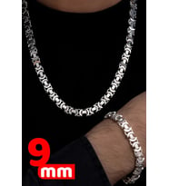 Erkek Gümüş Kolye Bileklik Set - 9mm Euro Kral Zincir Parlak Model Erkek Set