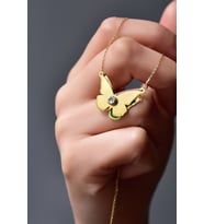 925 Ayar Gümüş Gold Kaplama Parlayan Rüya Serisi Tasarım Ebruli Cam Boyalı Ikili Kelebek Kolye