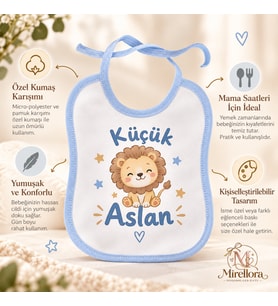 Kişiye Özel Erkek Bebek Mama Önlüğü – Mavi Biyeli Baskılı Mirellora